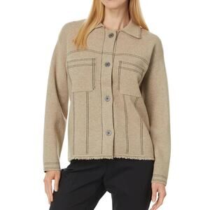 EUC Elliott‎ Lauren Beige Top Stitch Button Front Sweater Jacket Sz M Fringe Hem